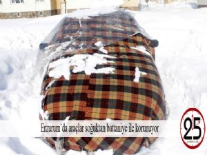 Erzurum'da araçlar soğuktan battaniye ile korunuyor