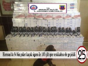 Horasan'da 54 bin paket kaçak sigara ile 100 çift spor ayakkabısı ele geçirildi